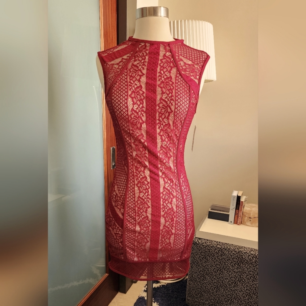Burgundy Sleeveless Lace Mini Dress
